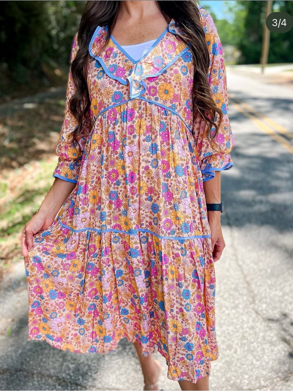 Entro Boho 70s Floral Ruffle V-Neck Tiered Midi Dress Size Small
